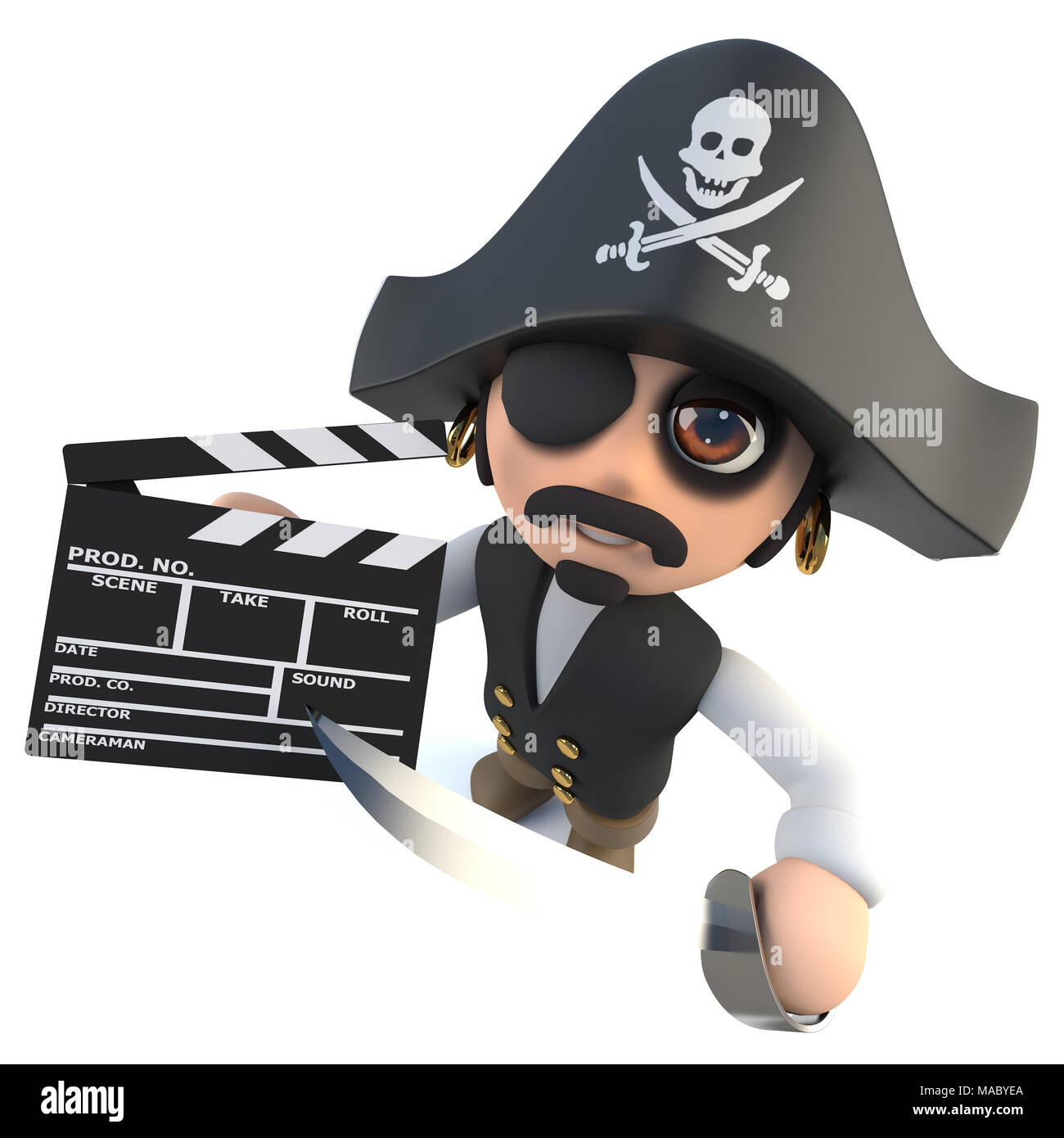 3D render of a funny cartoon capitaine pirate réalise un film avec un clap Banque D'Images