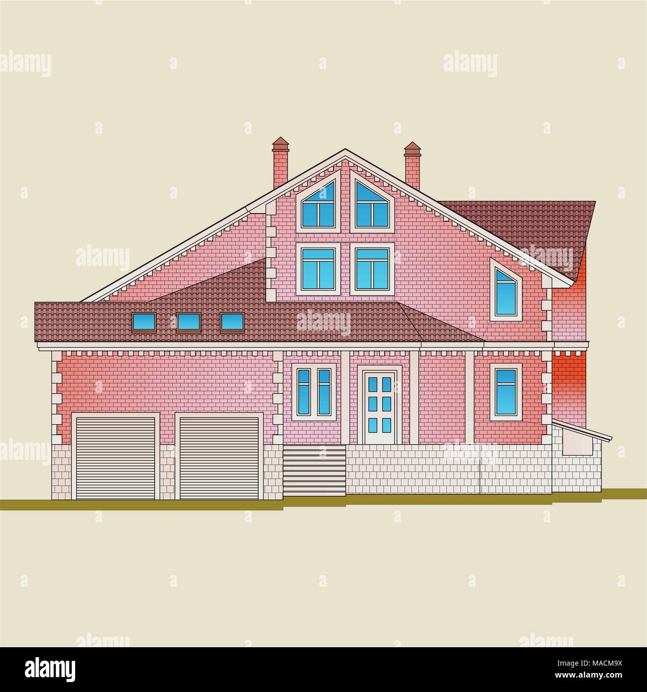 La maison est construite en briques rouges et pierre blanche avec des détails de décoration. Style classique de l'architecture de l'immeuble. Illustration de Vecteur