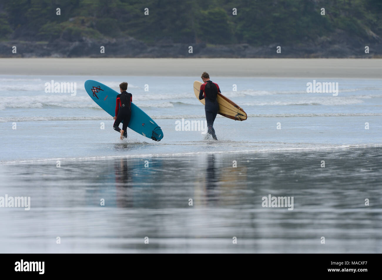 Dudes Surfer la marche sur la plage avec leur planche de surf sous le bras. Long Beach, Colombie-Britannique, Canada. Banque D'Images
