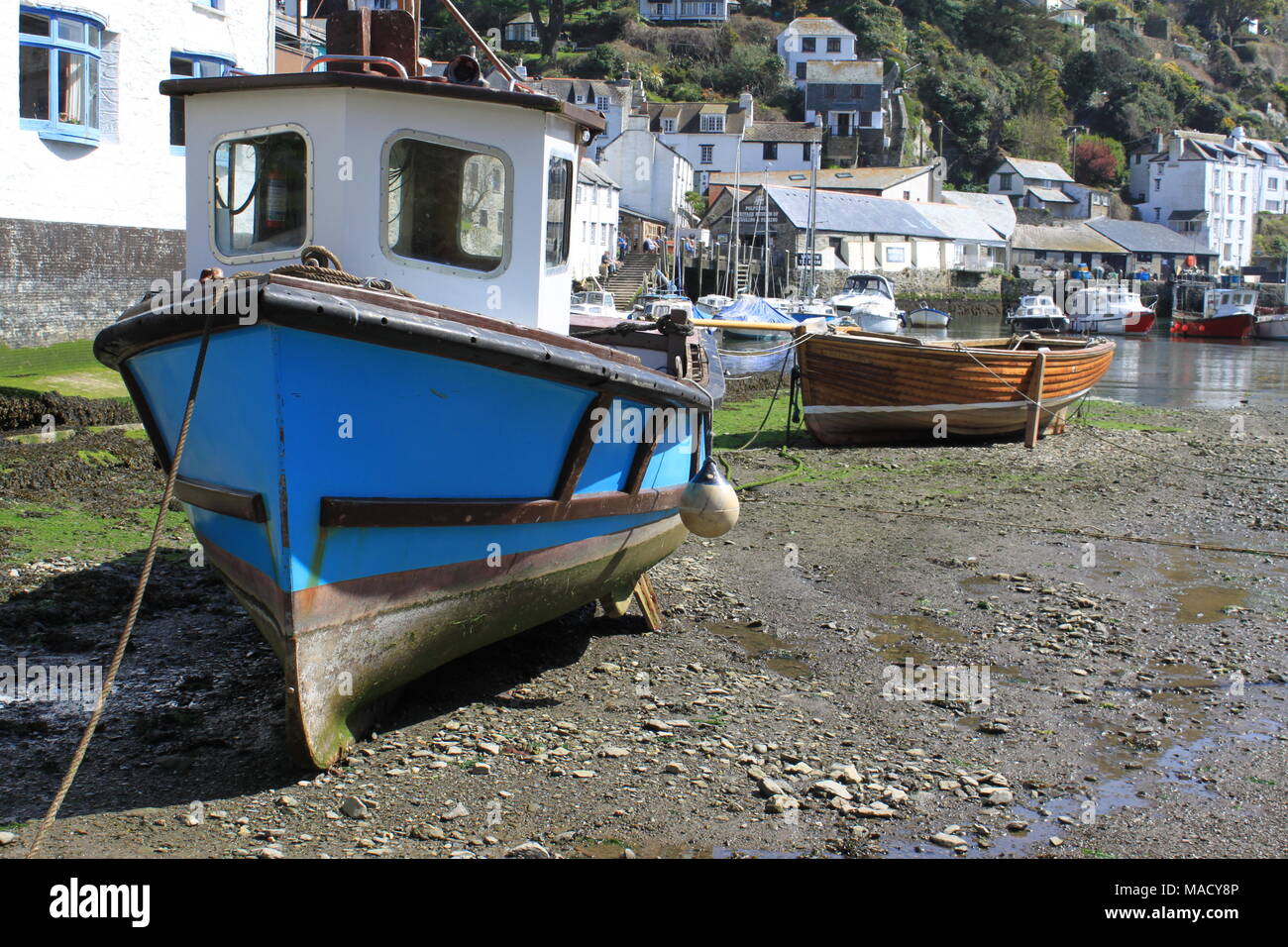 Cornwall, Angleterre, Polperro : un fatras de chalets et de bateaux de pêche à l'abri des ravages du temps et marée dans sa falaise ravine, UK, PETER GRANT Banque D'Images