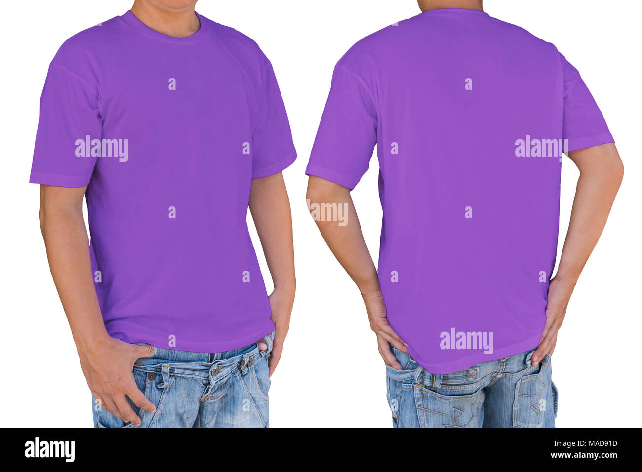 Homme portant une vierge couleur lilas t-shirt with clipping path, vues avant et arrière. Modèle pour insérer un logo, motif, ou des œuvres d'art. Banque D'Images