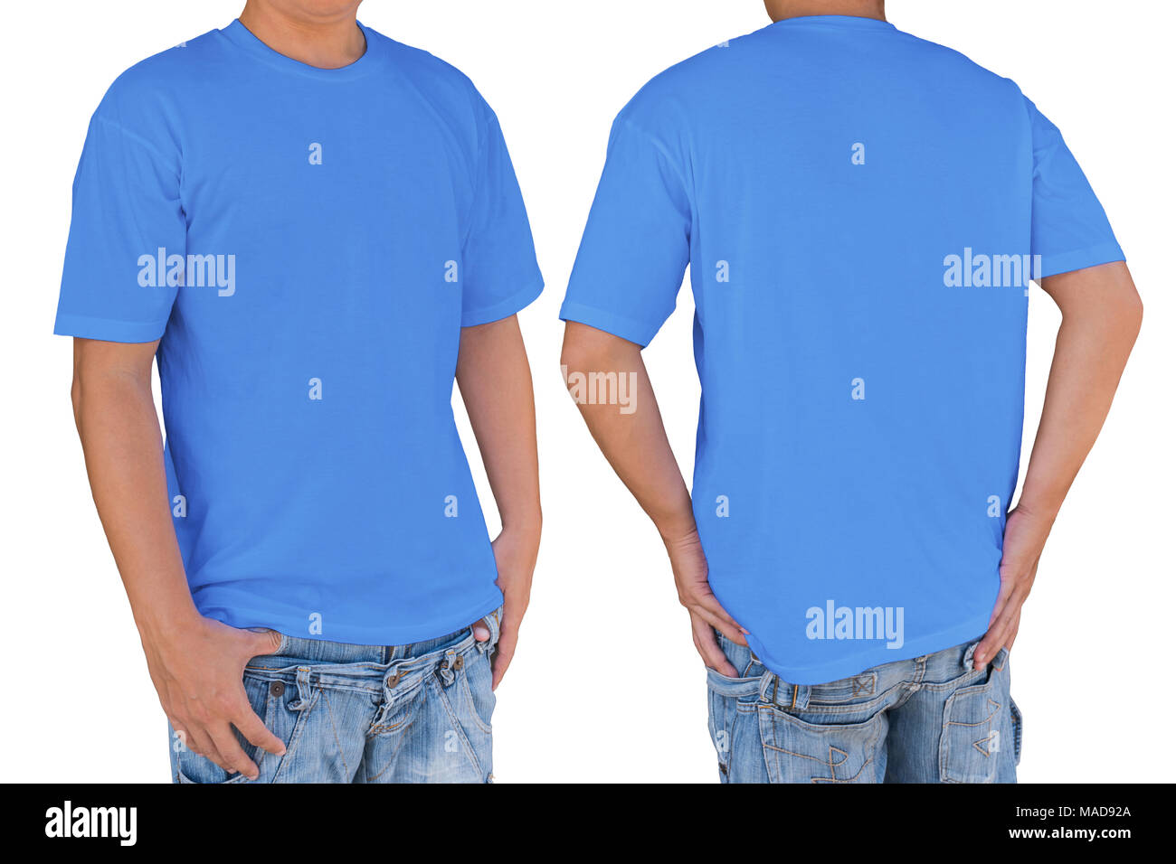 Homme portant un t-shirt blanc bleu avec chemin de détourage, vues avant et arrière. Modèle pour insérer un logo, motif, ou des œuvres d'art. Banque D'Images