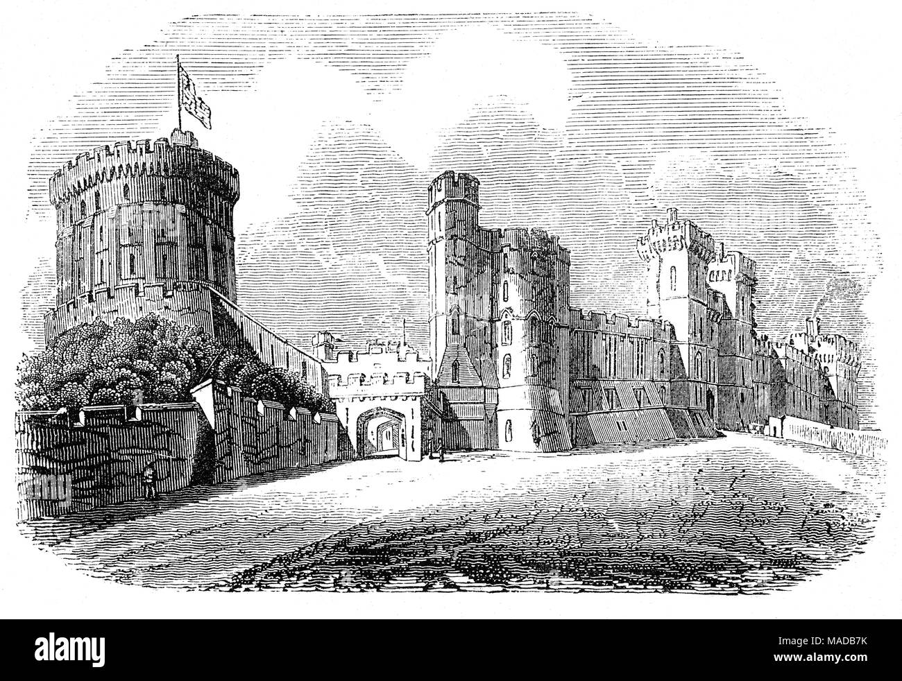 Le Château de Windsor a été construit au 11ème siècle après l'invasion normande de l'Angleterre par Guillaume le Conquérant. Le roi Édouard III reconstruit le palais pour devenir "le plus coûteux projet de construction séculaire de l'ensemble du Moyen Âge en Angleterre". Edward's core design dura toute la période Tudor, au cours de laquelle Henry VIII et Elizabeth je fait un usage croissant du château comme une cour royale et centre de divertissement diplomatique. Berkshire, Angleterre Banque D'Images