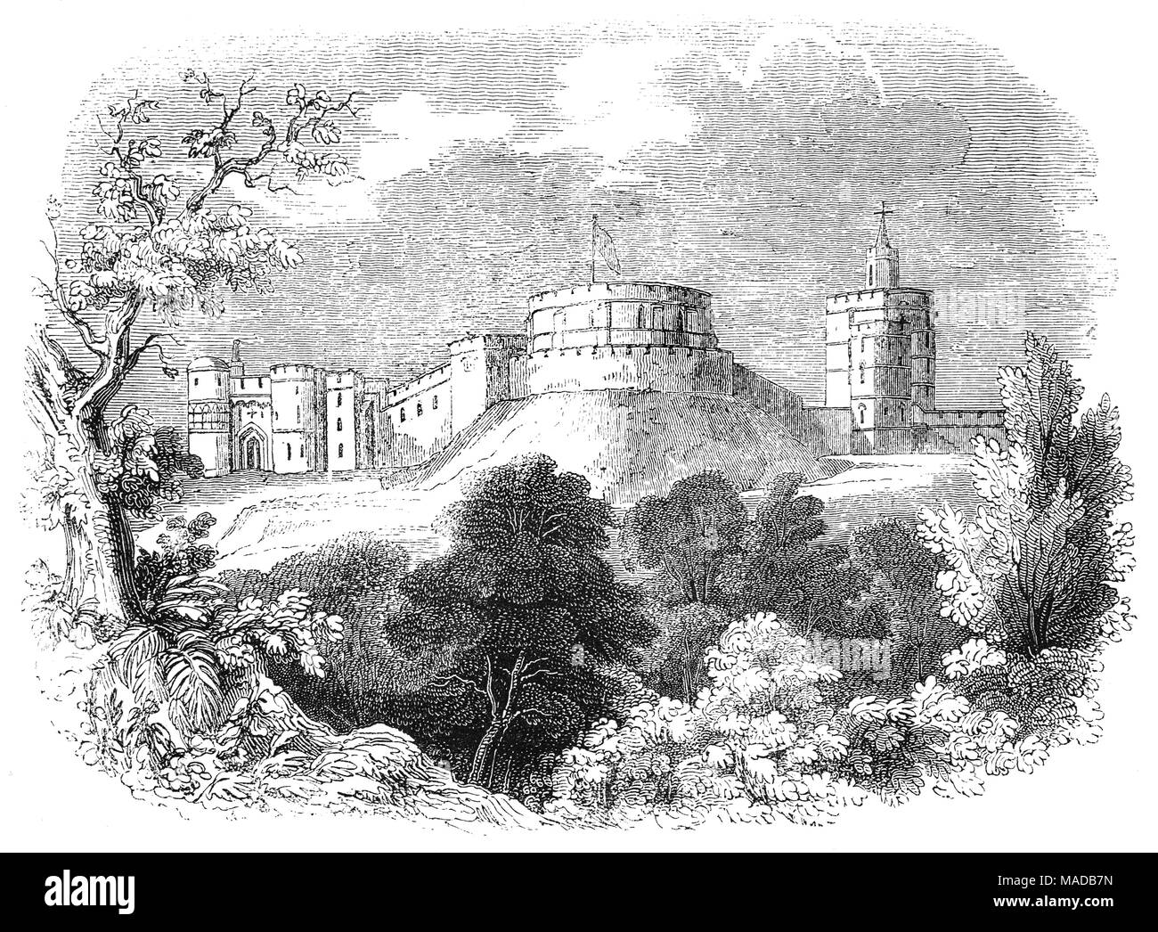 Le Château de Windsor a été construit au 11ème siècle après l'invasion normande de l'Angleterre par Guillaume le Conquérant. Le roi Édouard III reconstruit le palais pour devenir "le plus coûteux projet de construction séculaire de l'ensemble du Moyen Âge en Angleterre". Edward's core design dura toute la période Tudor, au cours de laquelle Henry VIII et Elizabeth je fait un usage croissant du château comme une cour royale et centre de divertissement diplomatique. Berkshire, Angleterre Banque D'Images