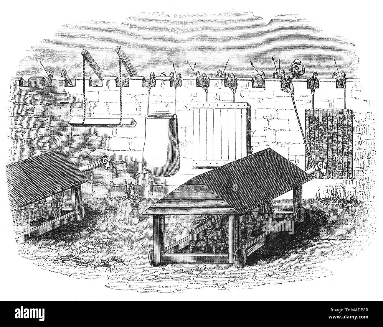 La guerre médiévale III : Un 14e siècle machine utilisée pour la défense des murs de défense, contre un bélier. 3 de 3 croquis. Banque D'Images