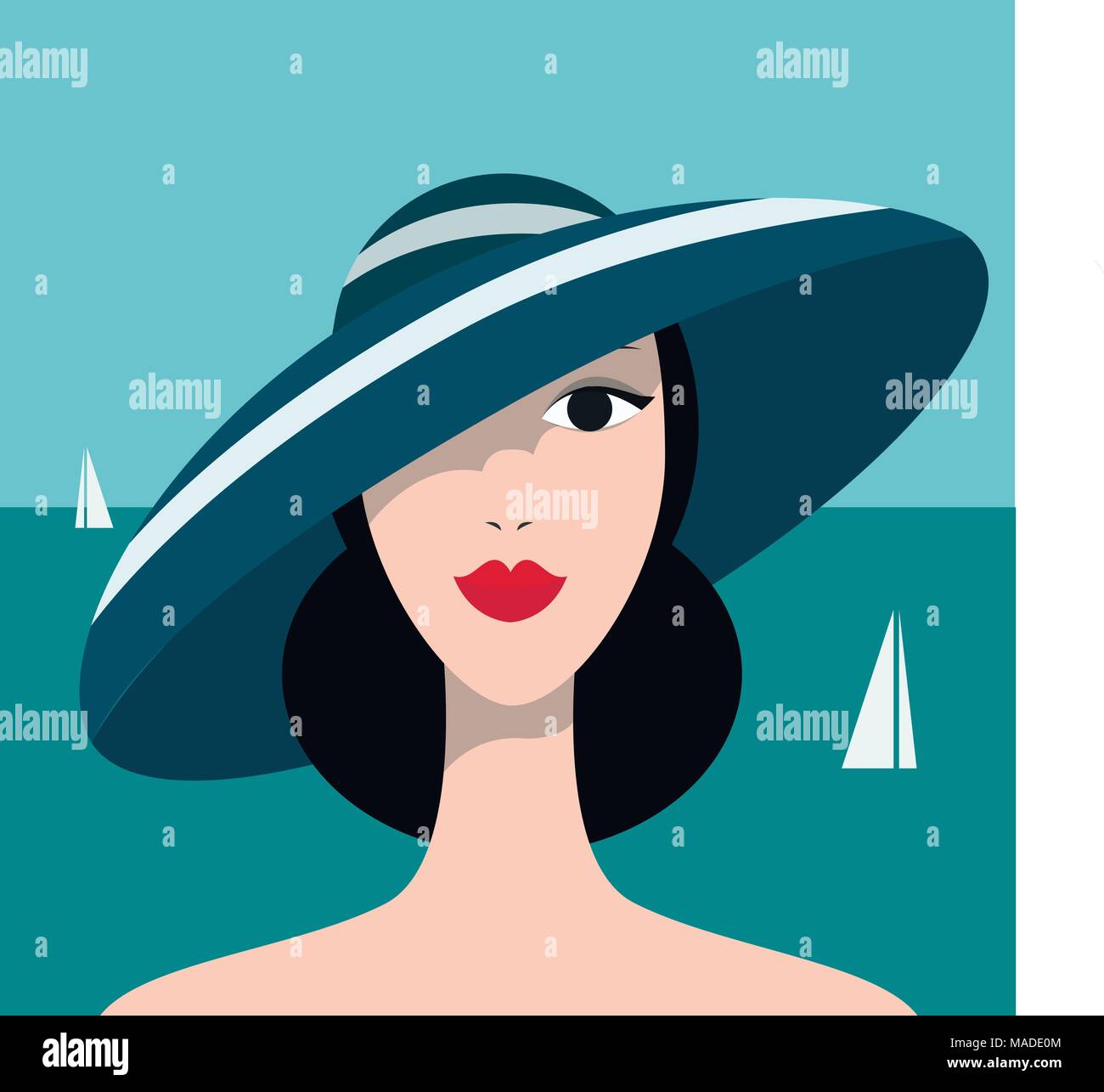 Beau modèle élégant pour le design de mode. Illustration graphique Art déco. Portrait de jolie fille sur mer. Illustration de Vecteur