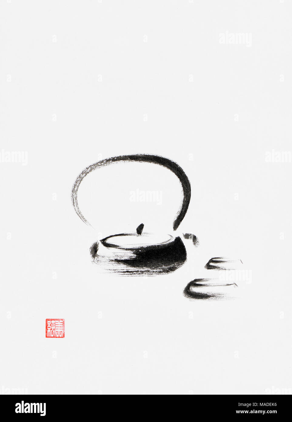 Théière avec deux tasses de style oriental artistique illustration, Sumi-e Zen japonais peinture encre minimaliste sur fond de papier de riz blanc Banque D'Images