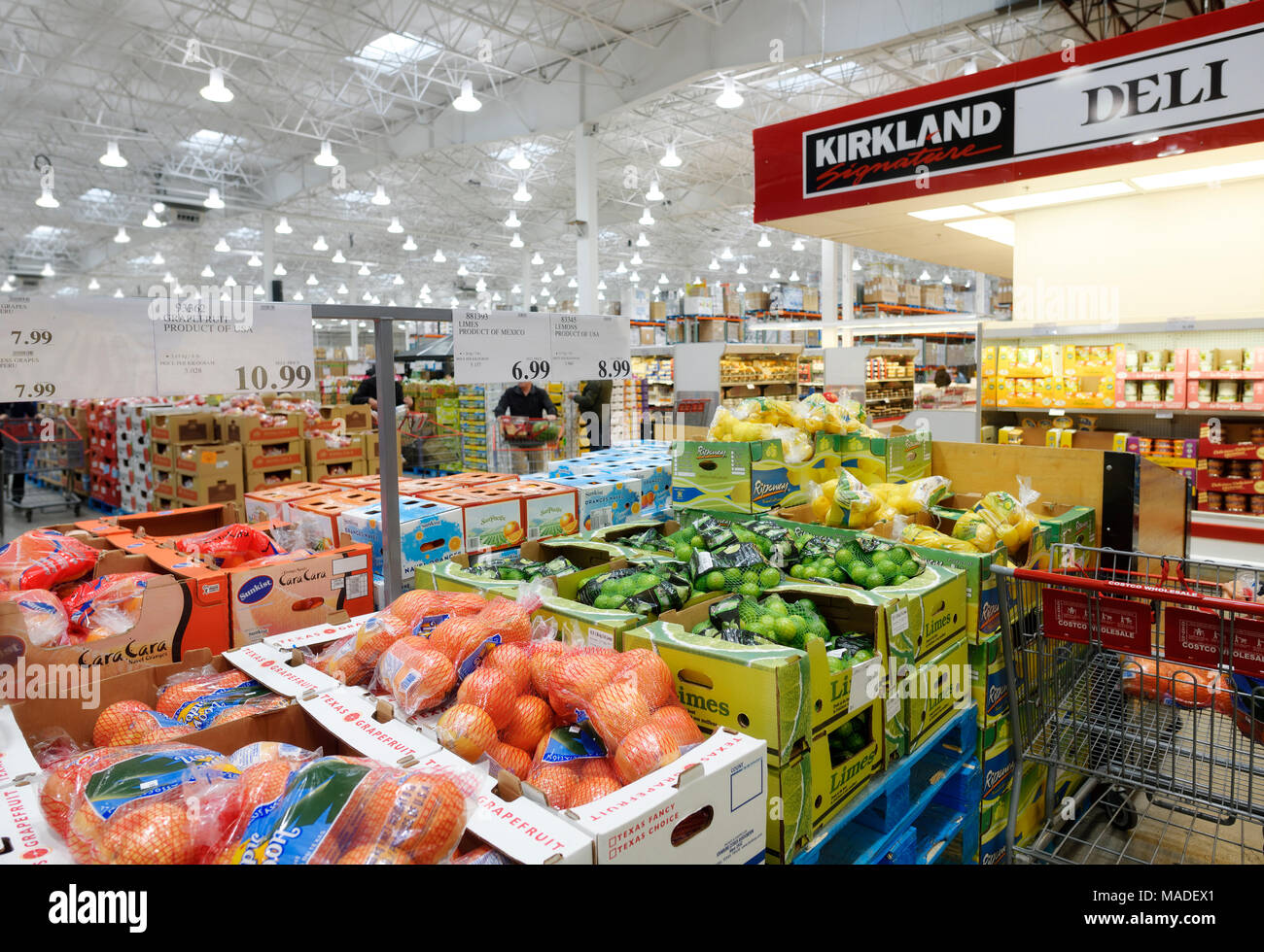Fruits et produits d'épicerie à Costco Wholesale Membership warehouse store intérieur alimentation section. Pamplemousses, citrons et limes. British Columbia, Canada 201 Banque D'Images