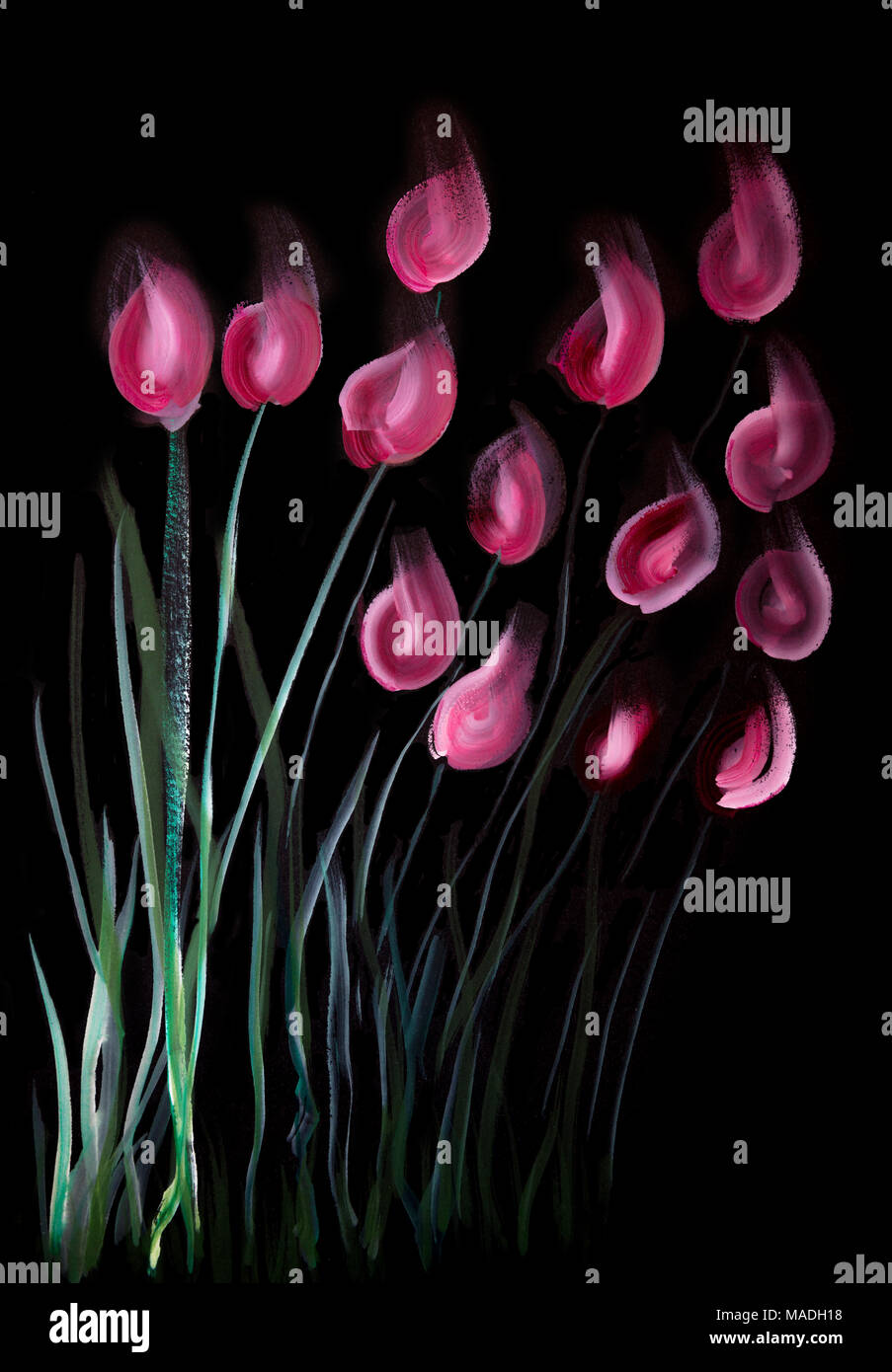 L'un trait rouge et de tulipes roses sur fond noir. La technique du badigeonnage près des bords donne un effet de flou dû à la surface altérée r Banque D'Images
