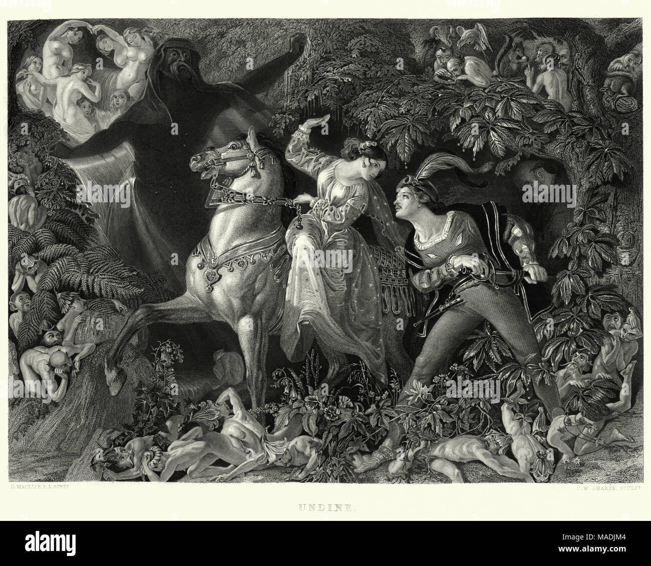 Vintage gravure d'Agata par Daniel Maclise, Art Journal 1855. Le jeune chevalier Huldbrand escorts sa mariée, Agata, à travers une forêt enchantée ful Banque D'Images
