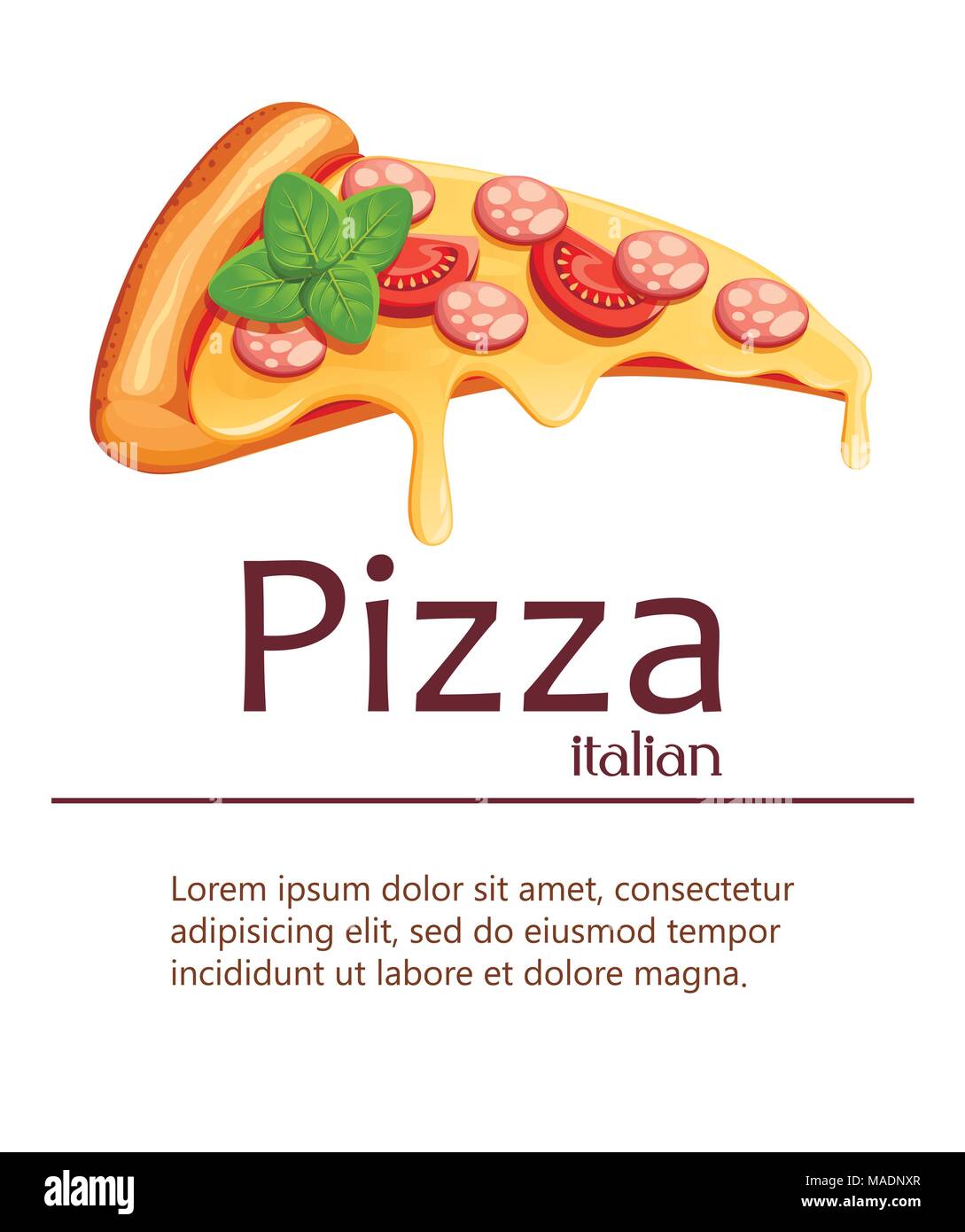 Tranche de pizza. Pizza à la tomate, fromage, salami et l'origan. Poster for design, restaurant, café, pizzeria. Vector illustration isolé avec place Illustration de Vecteur