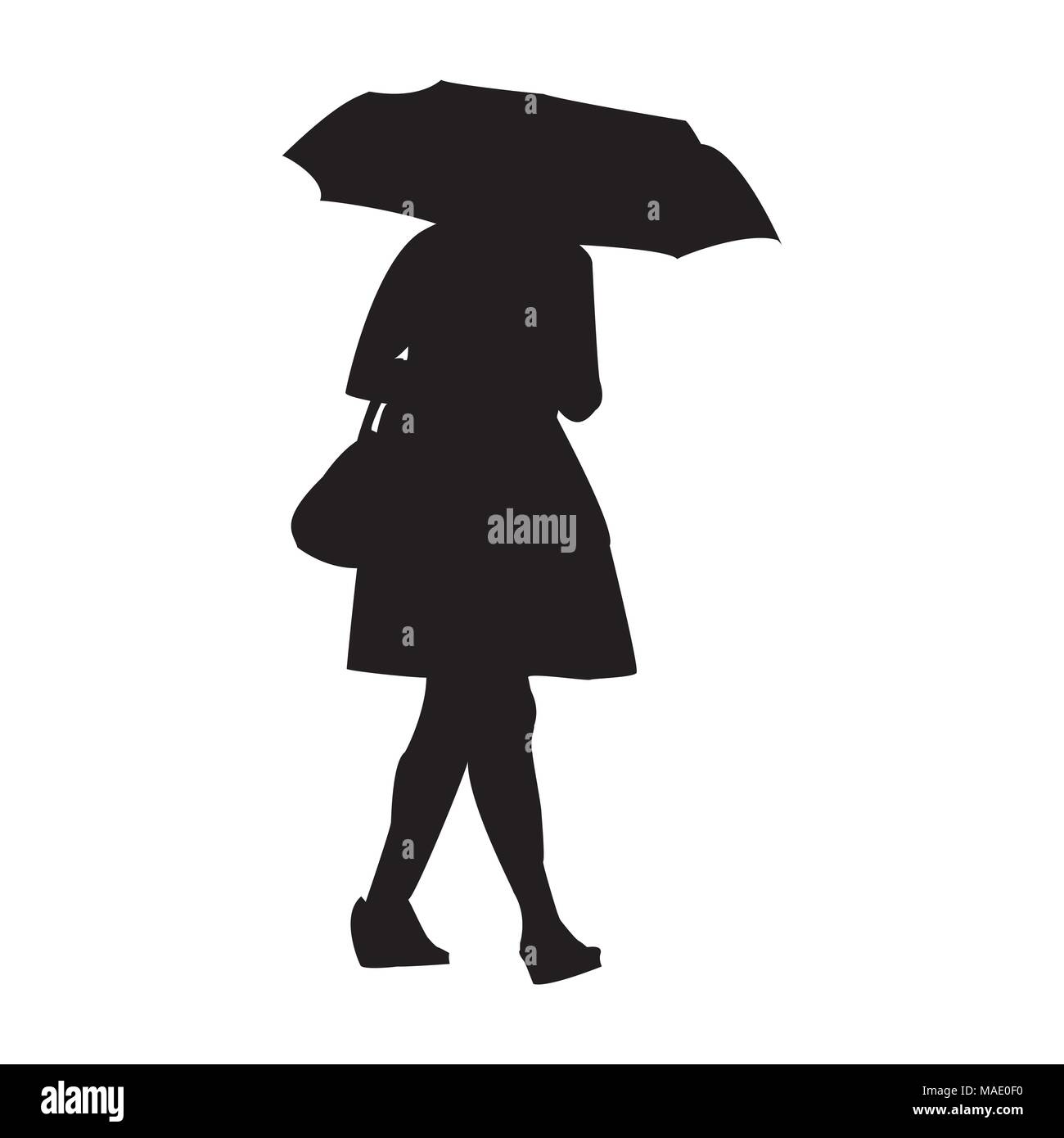Vector illustration d'une silhouette d'une fille qui marche sous la pluie  avec un parapluie et sac, style plat Image Vectorielle Stock - Alamy