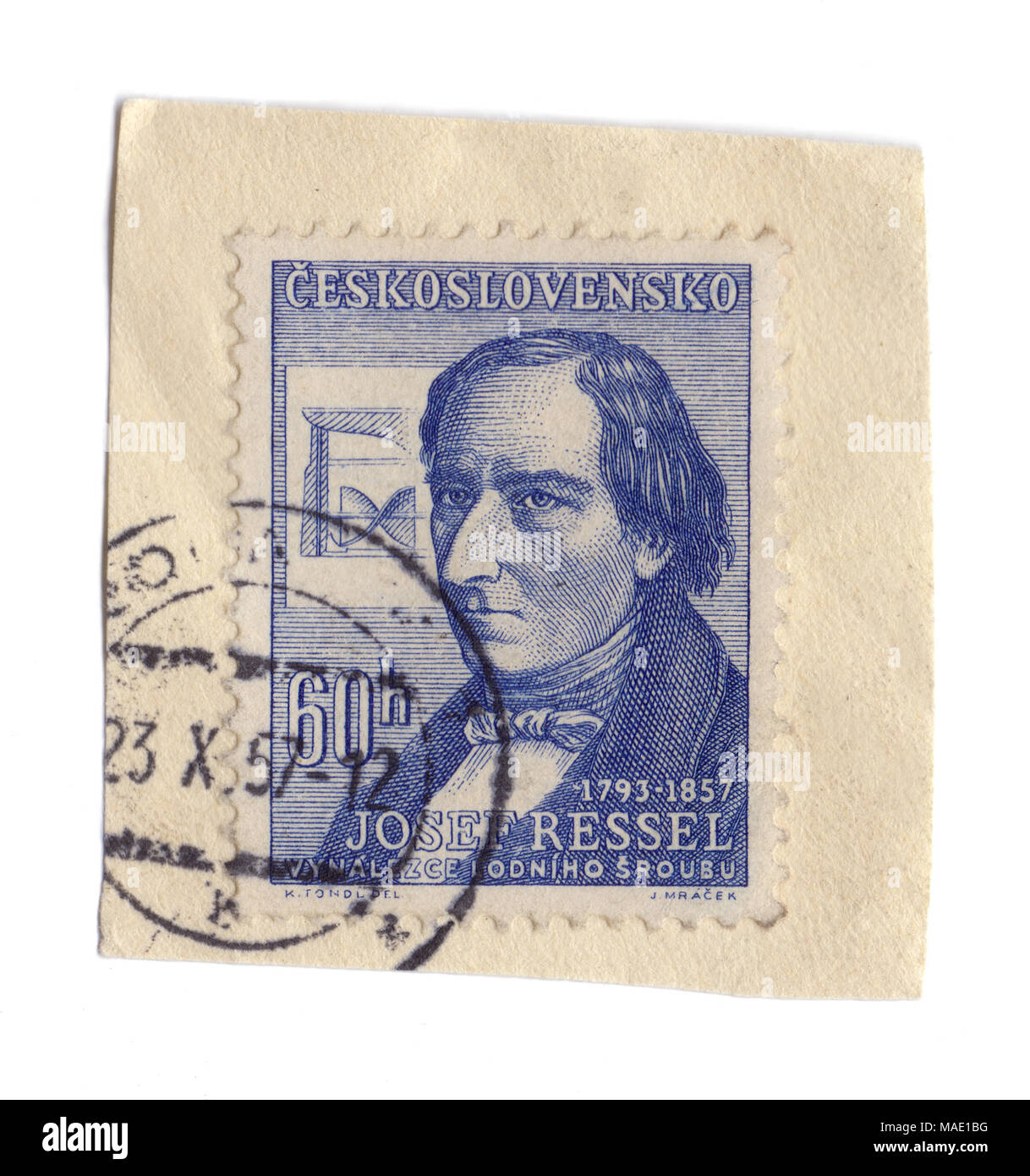 Josef Ressel, inventeur du premier navire de travail, de l'hélice sur timbre tchèque, imprimé à Prague, en 1957, la Tchécoslovaquie (maintenant en République Tchèque) Banque D'Images