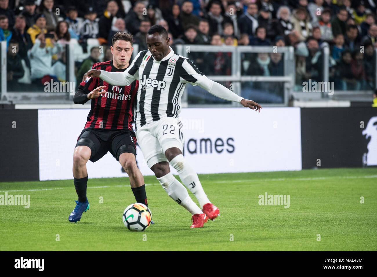 Asamoah (Juventus) au cours de la Serie A match Juventus vs AC Milan. La Juventus a gagné 3-1 à l'Allianz Stadium,Turin, Italie 31 mars 2018 Credit : Alberto Gandolfo/Alamy Live News Banque D'Images