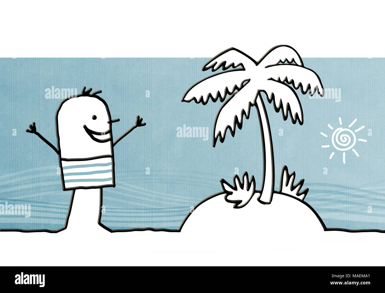 Cartoon happy man with palm tree island Banque D'Images