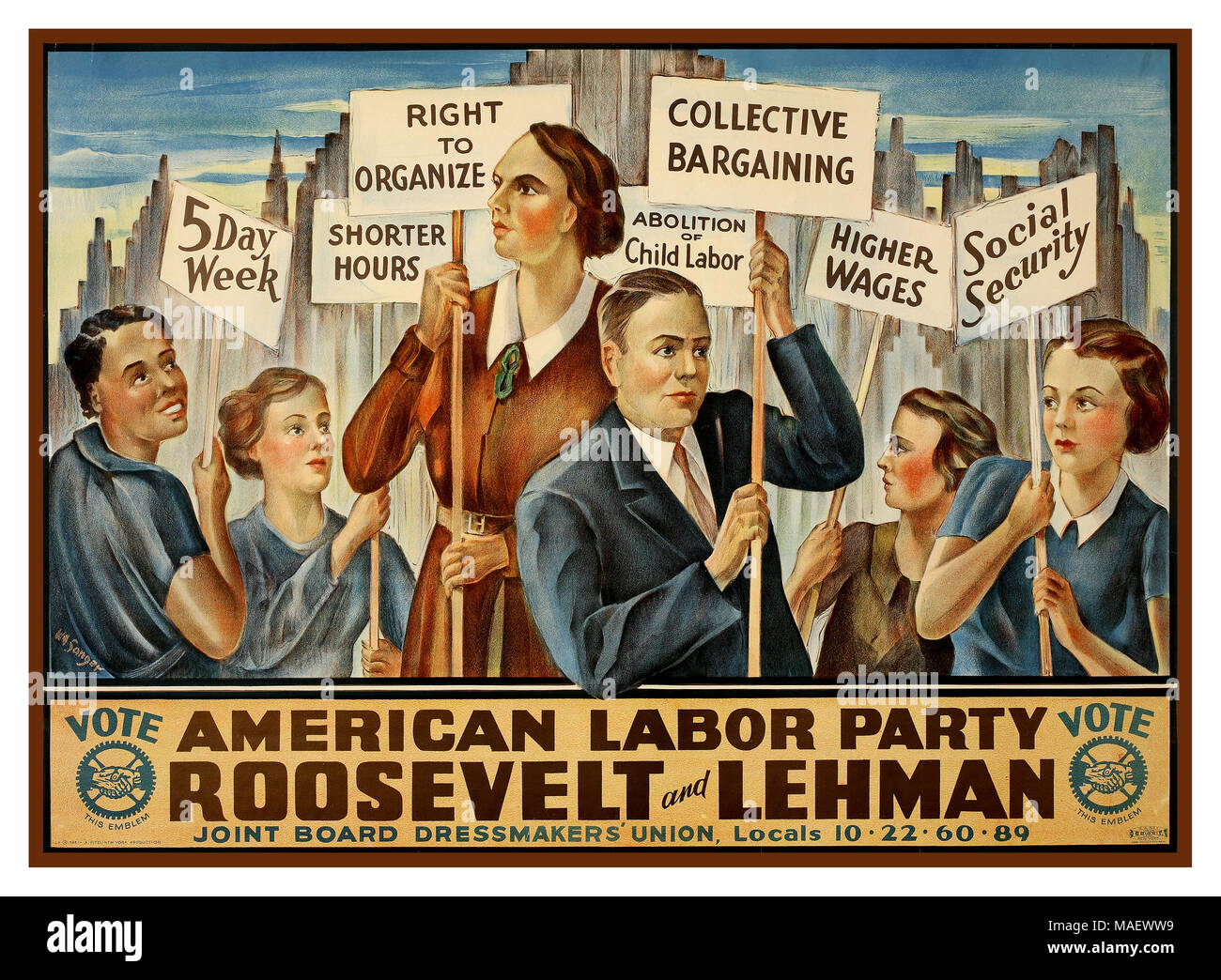 Vintage poster 1936 Politique Parti du Travail américain Roosevelt et le piquetage Lehman dépeignant des personnes avec des activistes les panneaux 'conseil commun aux couturières union européenne" avec ville en arrière-plan par l'artiste William Sanger Banque D'Images