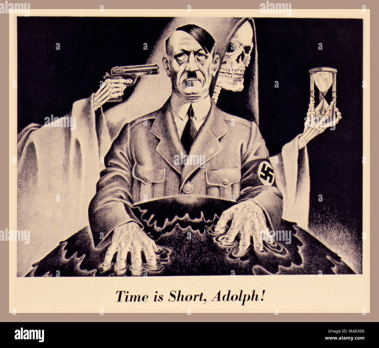 La propagande alliée vintage britannique WW2 affiche de propagande d'Adolf Hitler avec la faucheuse en attente...."Le temps est court, Adolph !" circa 1942-1943 Banque D'Images