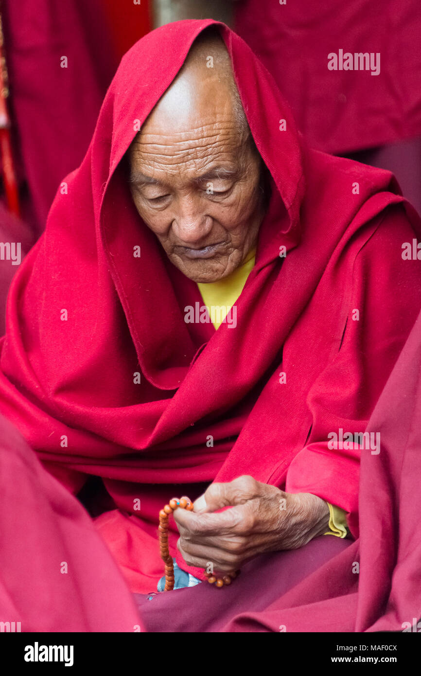 Vieux moine lors d'un festival bouddhiste, Temple Juli, Xinduqiao, Sichuan occidental, Chine Banque D'Images