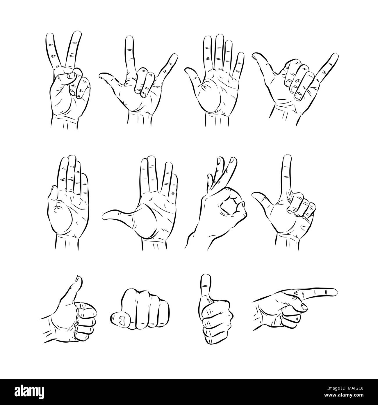 Jeu de mains montrant différents gestes. vector illustration Illustration de Vecteur