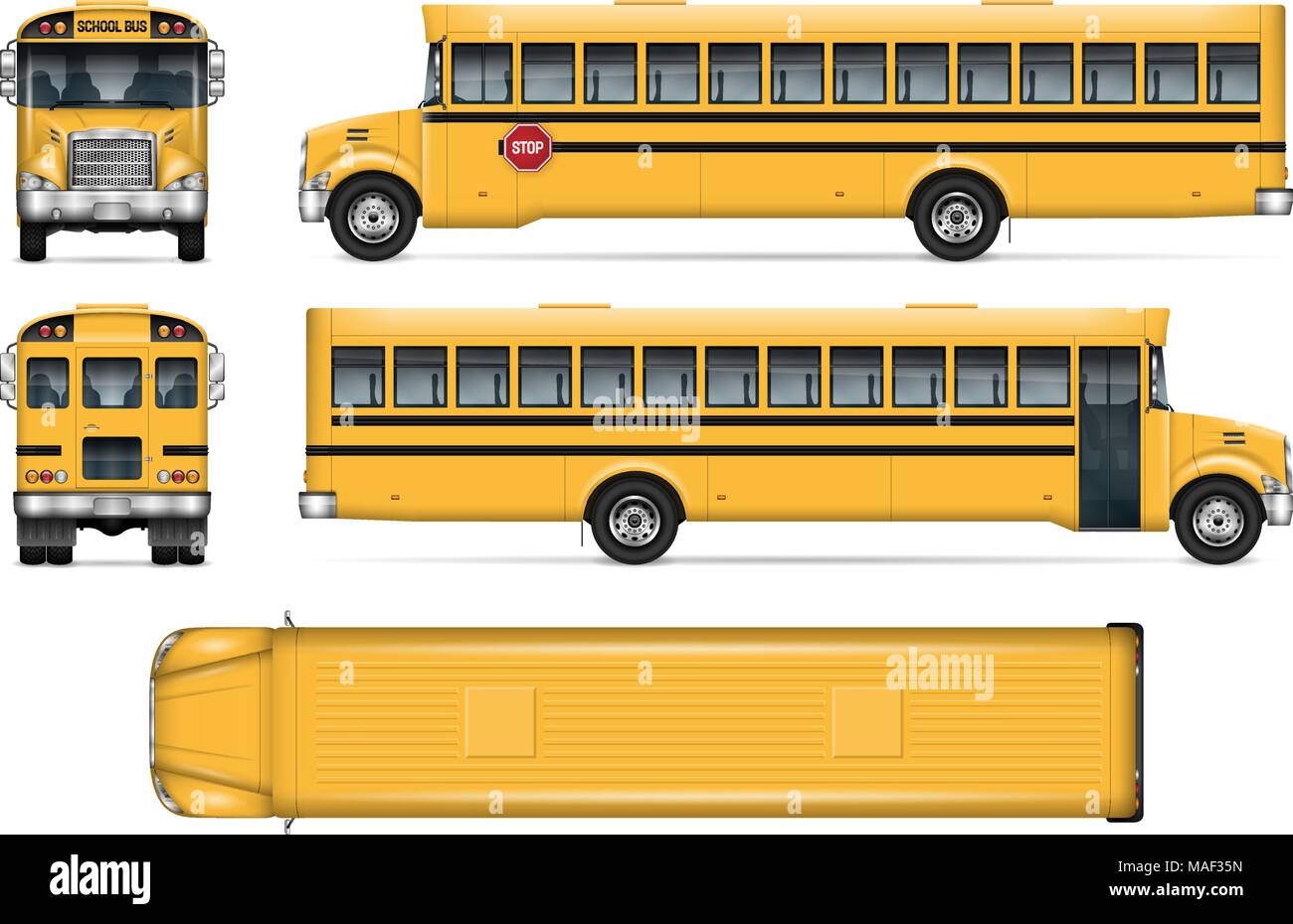 Vecteur d'autobus scolaires de la maquette. Modèle isolé de city transport sur blanc. Maquette des véhicules. Côté, avant, arrière, vue supérieure facile à éditer et modifier les couleurs Illustration de Vecteur