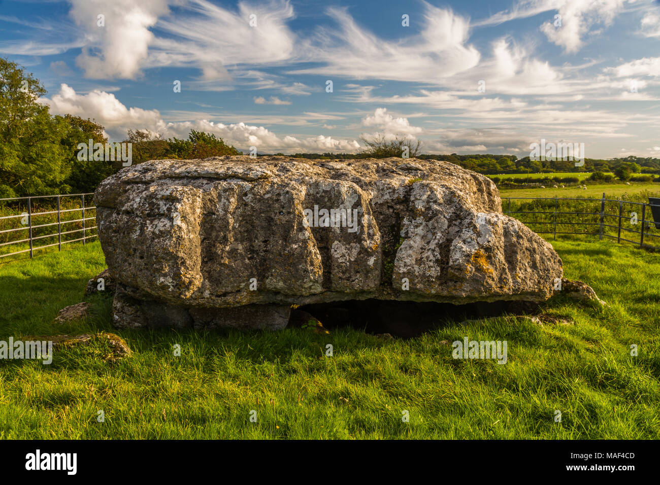 Lligwy Cromlech en lumière du soir. Llangefni, Anglesey, Royaume-Uni. Banque D'Images