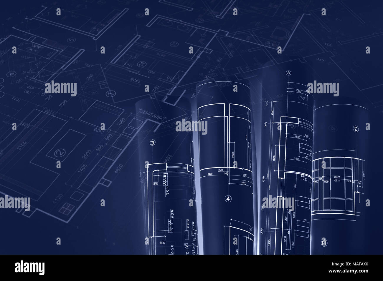Projet Architectural Rolls Un Plan Technique Dessins Construction Concept Libre De Droit En Double Exposition Photo Stock Alamy