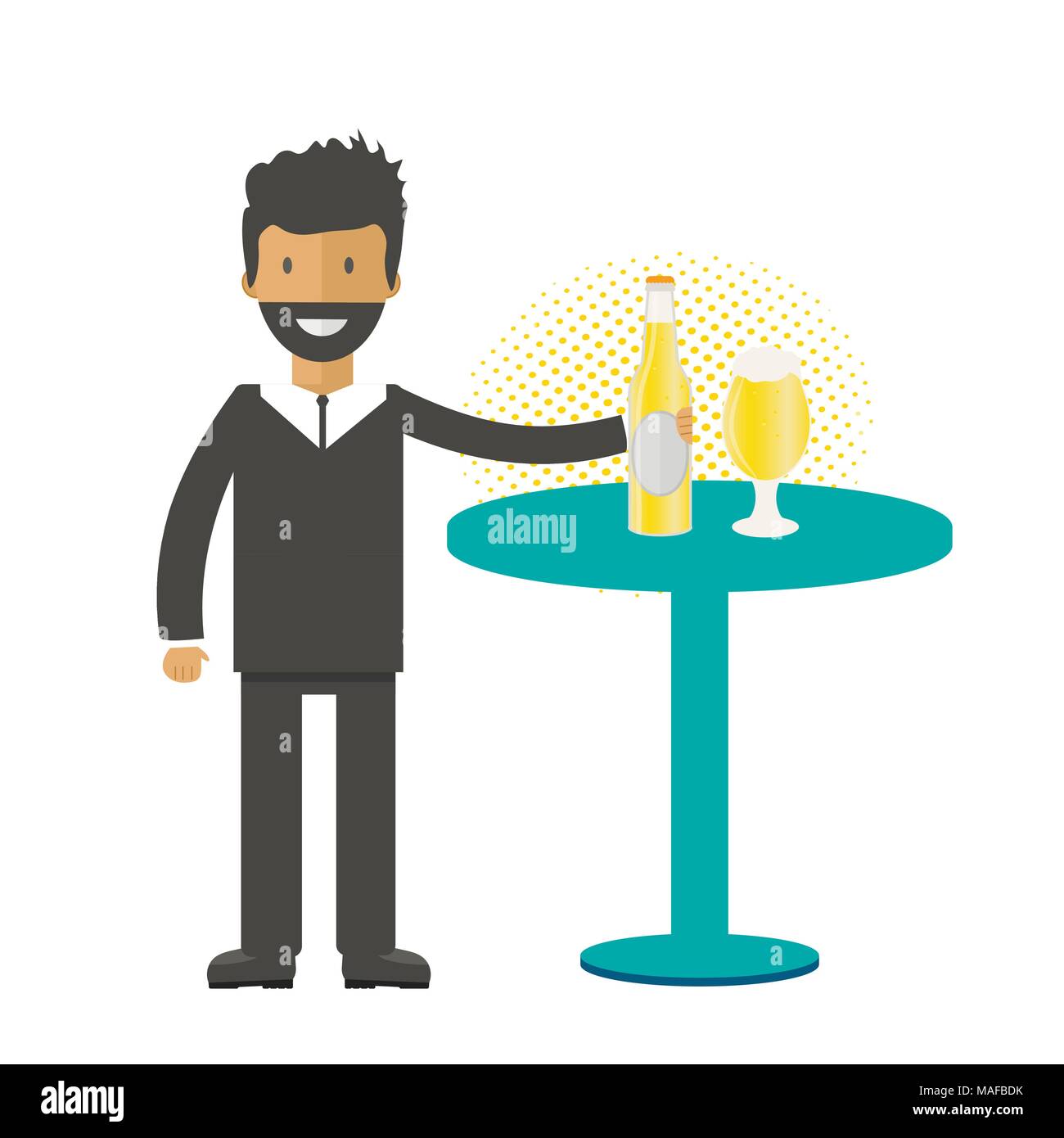 Homme avec une bouteille de bière, des tasses et verres. Icône vecteur avec les boissons alcoolisées. Bière de froment, lager, bière artisanale, l'ale. Illustration de Vecteur