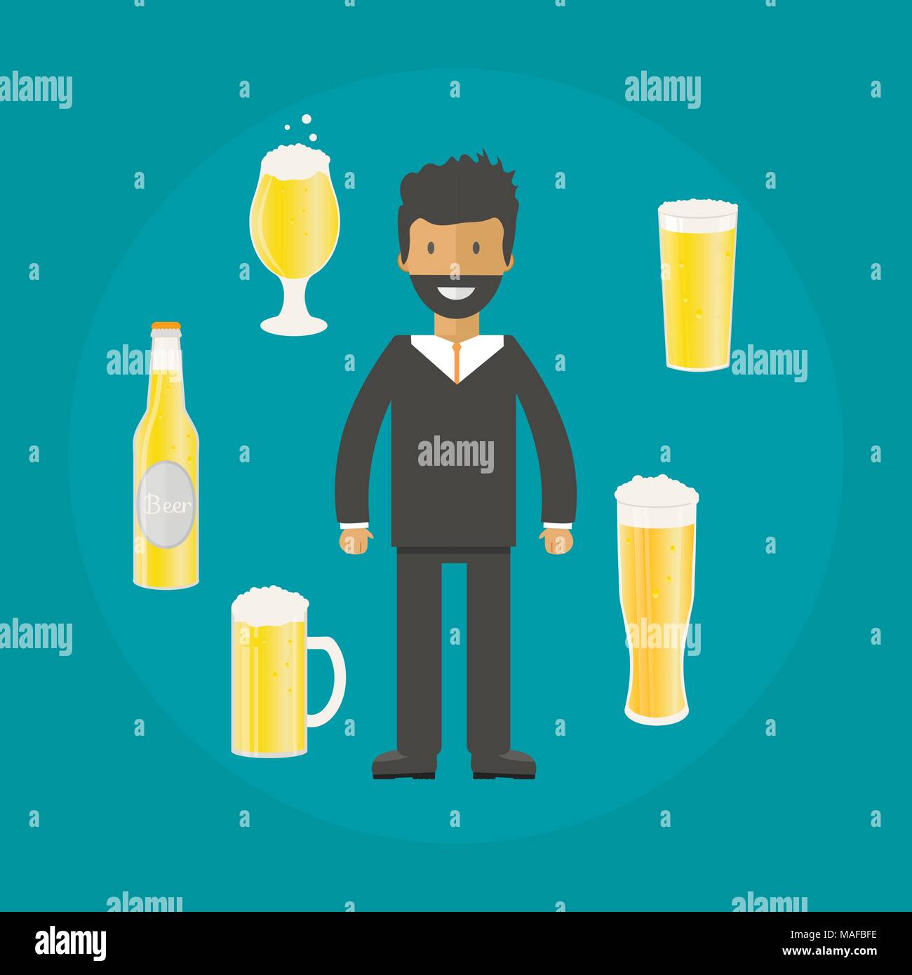 Homme avec une bouteille de bière, des tasses et verres. Icône vecteur avec les boissons alcoolisées. Bière de froment, lager, bière artisanale, l'ale. Illustration de Vecteur