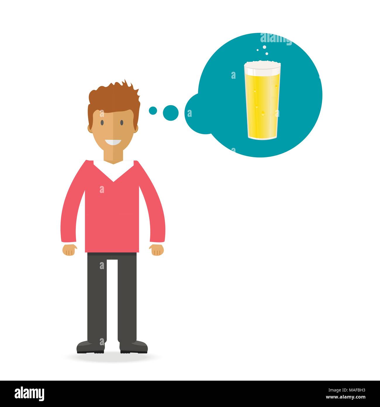 Homme avec une bouteille de bière, des tasses et verres. Icône vecteur avec les boissons alcoolisées. Bière de froment, lager, bière artisanale, l'ale. Illustration de Vecteur