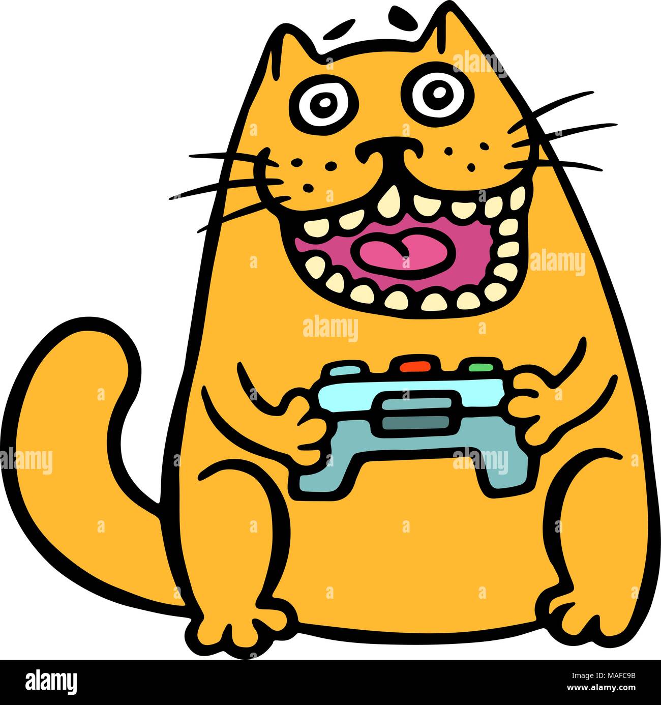 Cat garde le joystick sur la console. Emoticon mignon personnage. Cheerful animal cool video gamer. Vector illustration. Illustration de Vecteur