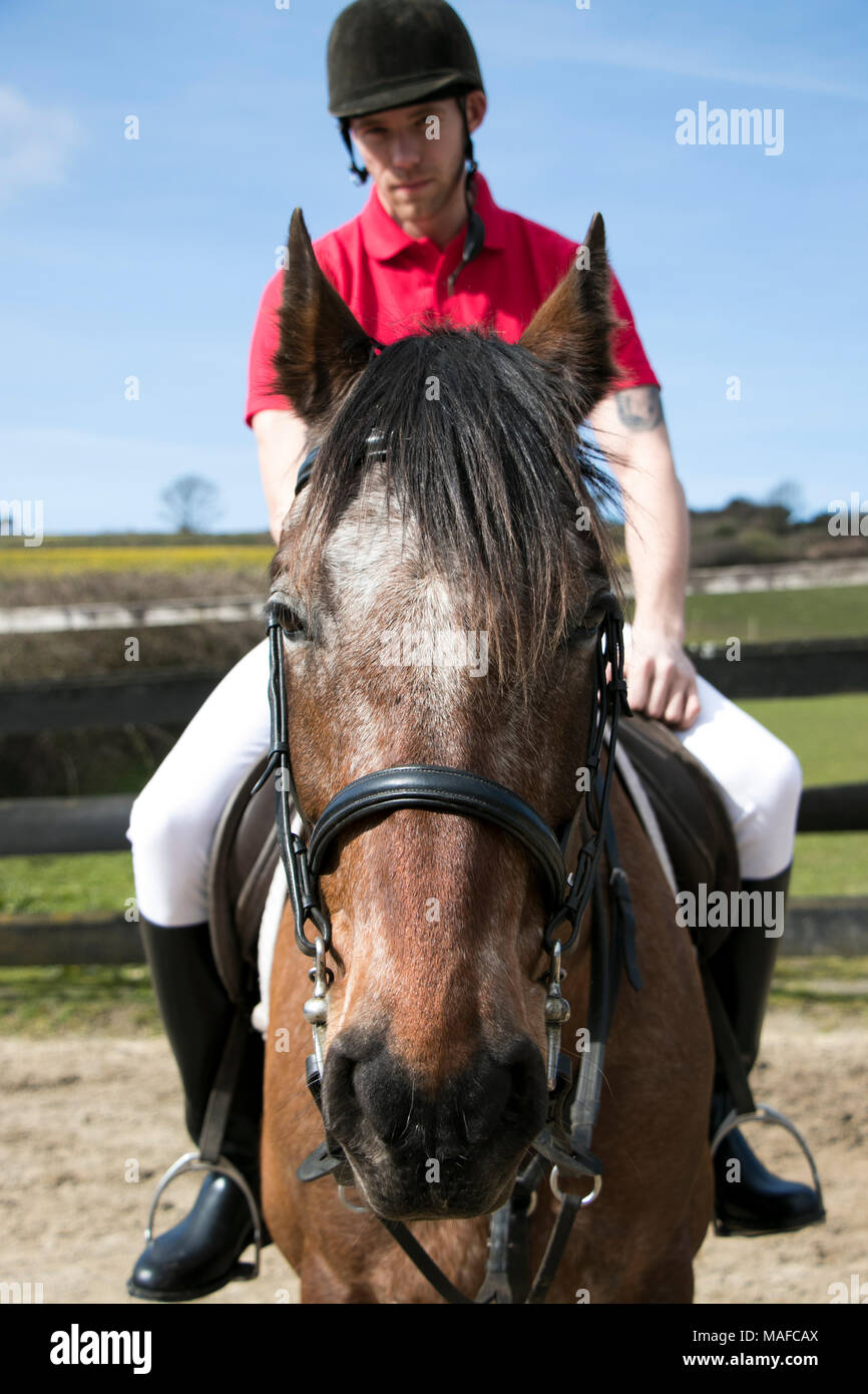 Beau mâle Horse Rider à cheval avec un casque, un pantalon blanc, des  bottes noires et rouges sur fond de ciel bleu polo en paddock Photo Stock -  Alamy
