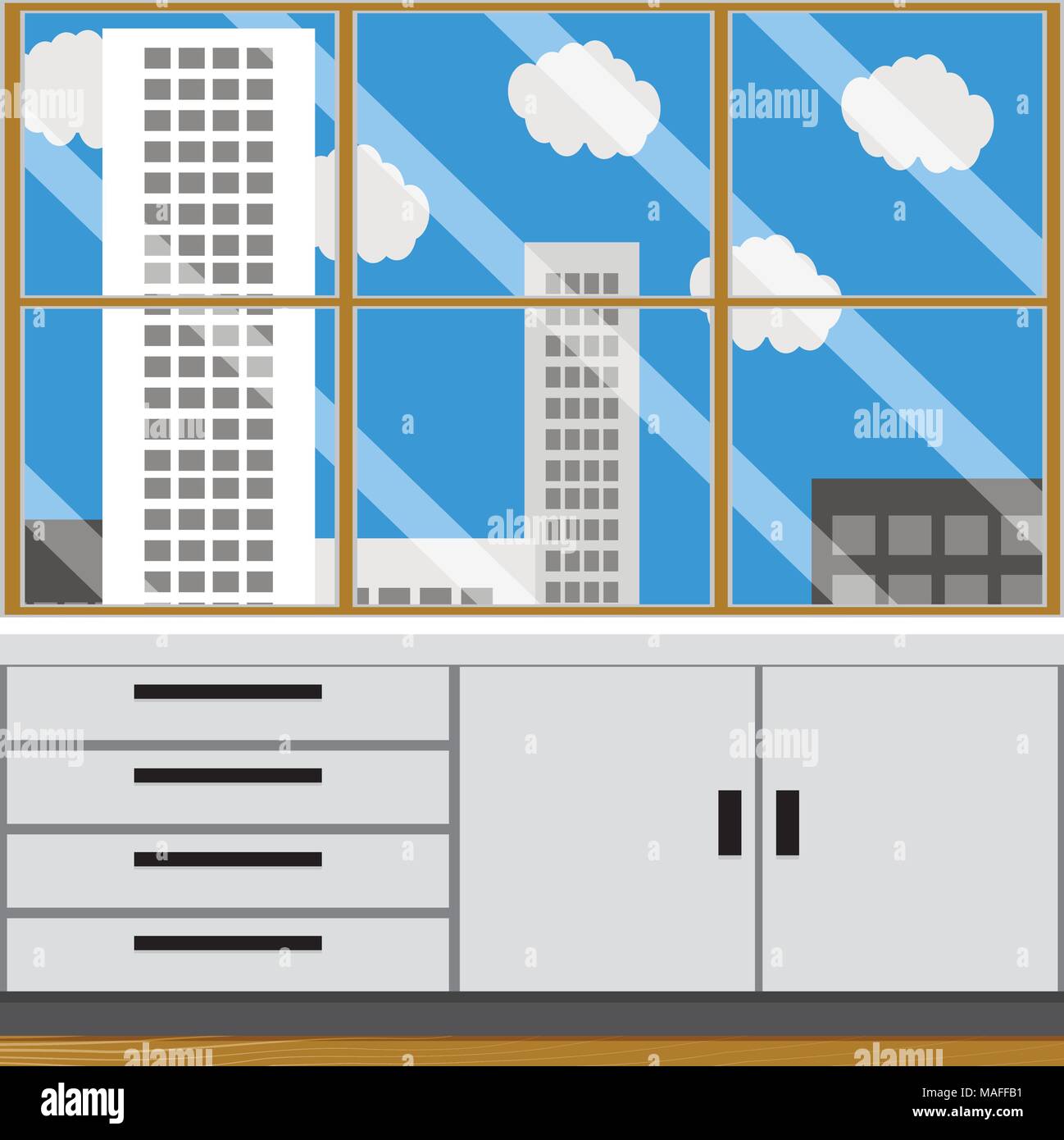 Bureau ou chambre avec fenêtre laboratoire paysage de ville. L'intérieur du cabinet de travail, Empry clinique avec table et fenêtre. Vector illustration Illustration de Vecteur