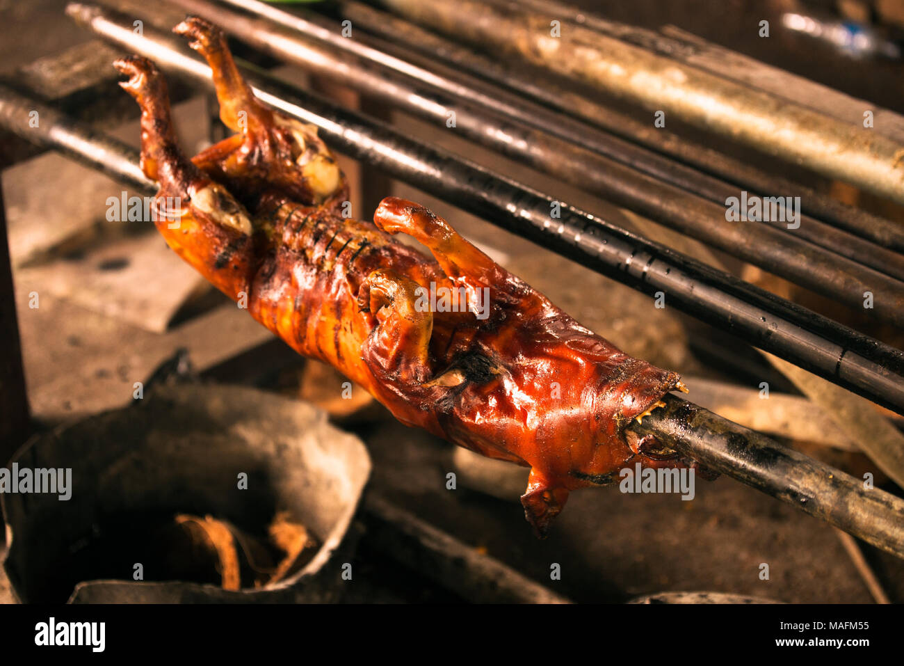 Cochon sur barre de fer et torréfiés. Banque D'Images