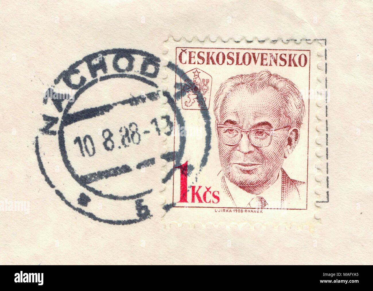 Gustav Husak (1913-1991), le président, de République tchèque, timbre imprimé en 1988, Prague, République tchèque la Tchécoslovaquie (maintenant) Banque D'Images