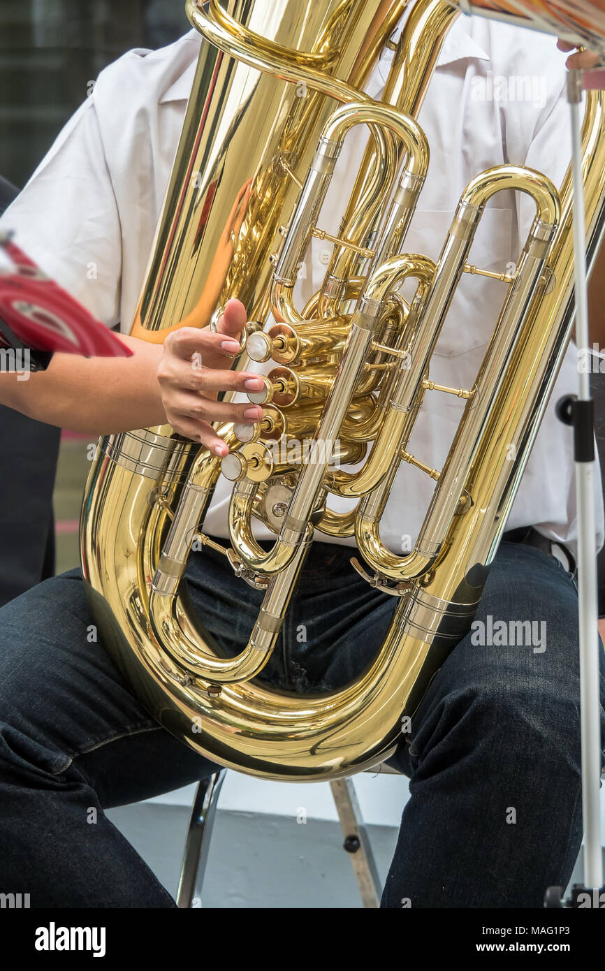 Close up of Hand jouer Golden tuba instrument de musique, une partie de la  musique classique, bande concept musical Photo Stock - Alamy