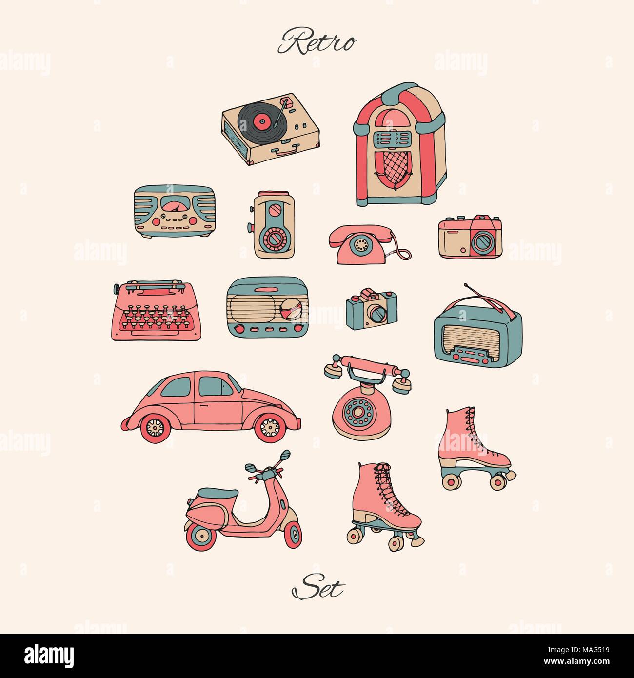 Vector set retro avec un tech, voiture, scooter, juke box, radio, machine à écrire, de patins, de caméras et d'un lecteur de disque de vinyle. Collection dessiné à la main Illustration de Vecteur