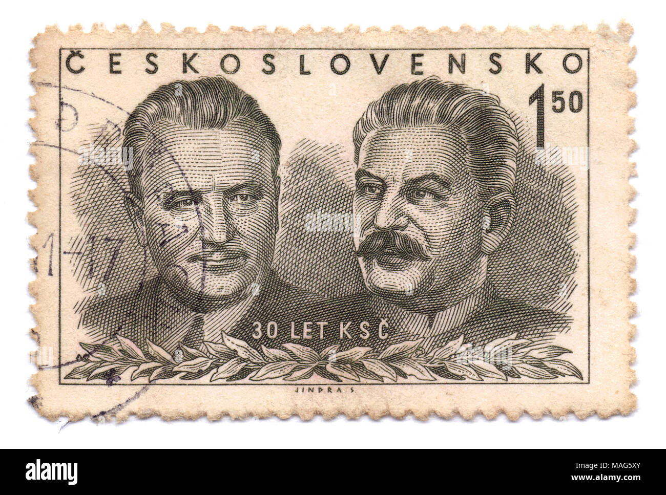 Timbres en Prague montre Joseph Staline et Klement Gottwald (Cz. président) le 30e anniversaire de la fondation de Parti communiste de Tchécoslovaquie. 1951. Banque D'Images