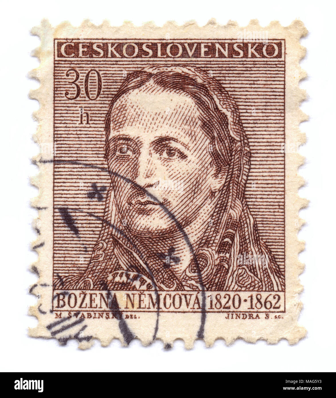 Stamp - portrait de Bozena Nemcova, écrivain tchèque préféré (contes, roman grand-mère), imprimé à Prague, en Tchécoslovaquie (aujourd'hui République Tchèque) Banque D'Images