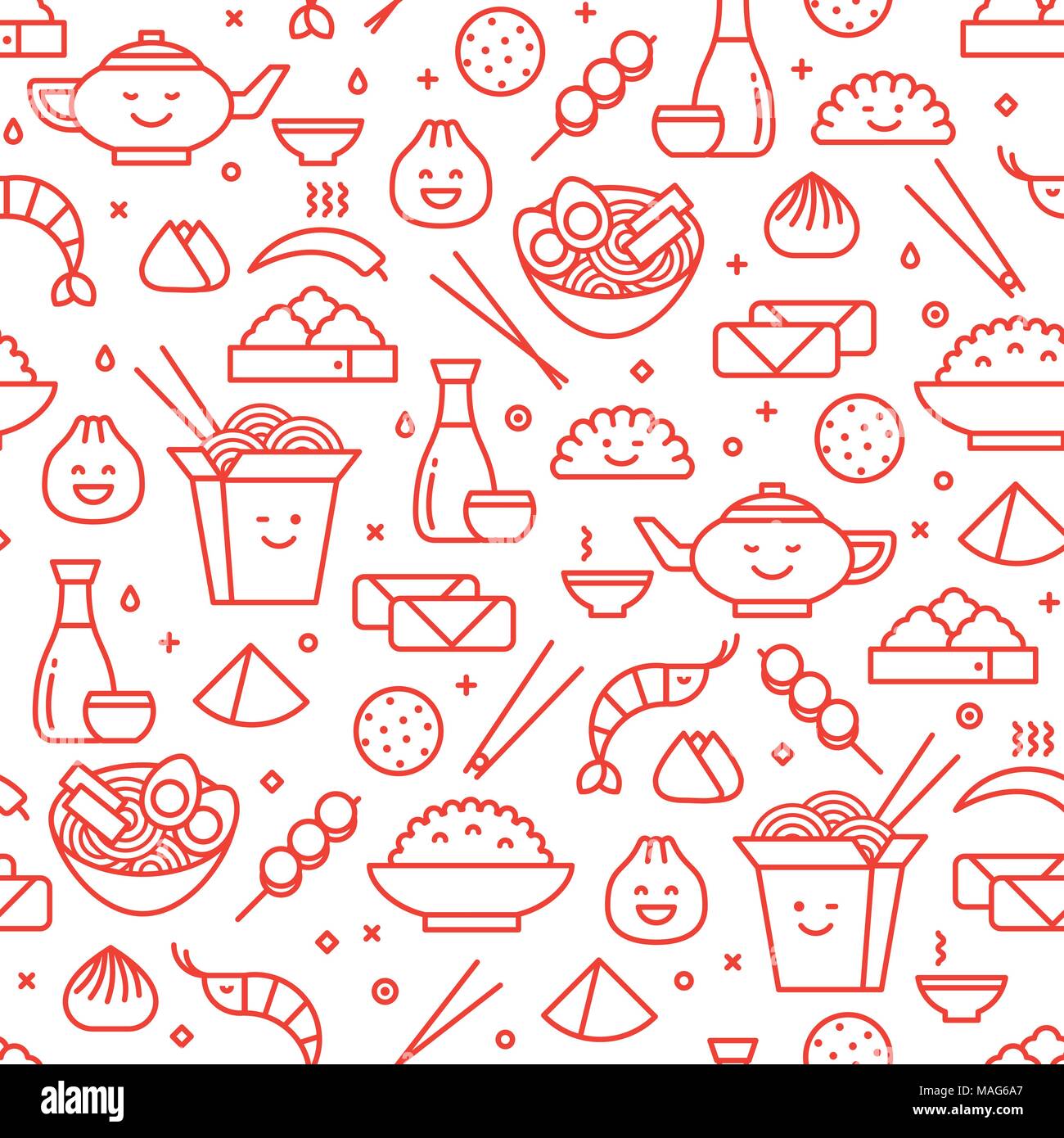 Ligne vectorielle sans couture d'art de la cuisine chinoise motif indiqué dans les icônes. Des plats traditionnels de différentes provinces de Chine Prendre des boîtes, de nouilles, de dim Illustration de Vecteur