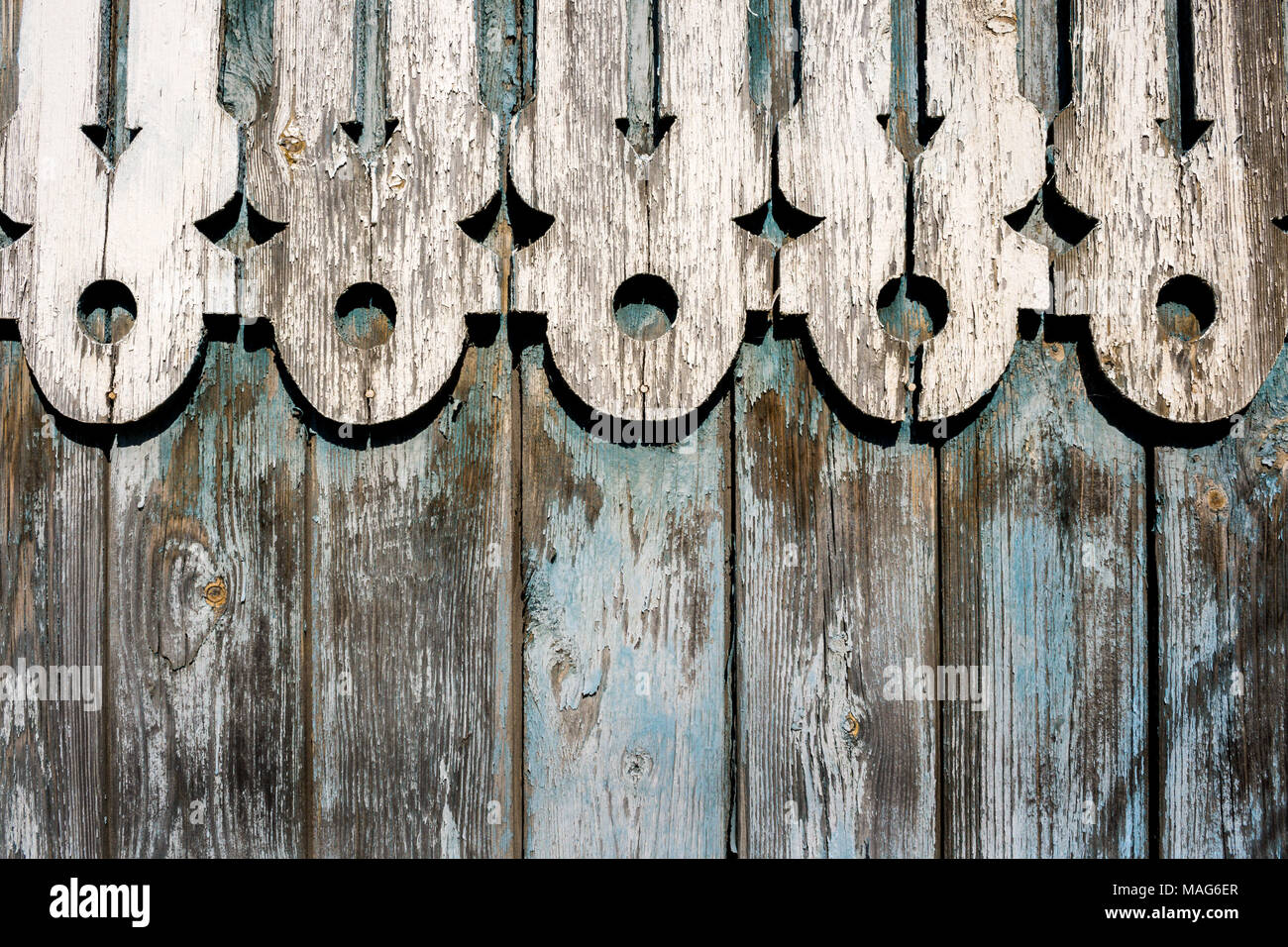 Close-up grunge combiné fond de bois minable du bleu et blanc, décor sculpté de clôture. Banque D'Images