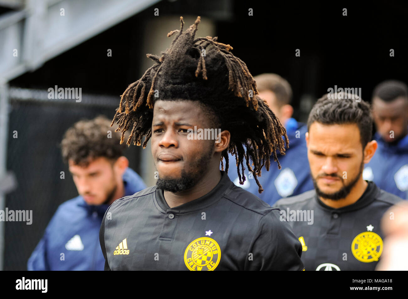 Columbus Crew SC defender Lalas Abubakar (17) avant le match entre Vancouver Whitecaps FC et Columbus Crew Stadium, MAPFRE à SC à Columbus OH. Samedi, 31 mars 2018. Note - Columbus Crew SC 0 - 0 Vancouver Whitecaps FC obligatoire .Crédit photo : Dorn Byg/CSM Banque D'Images