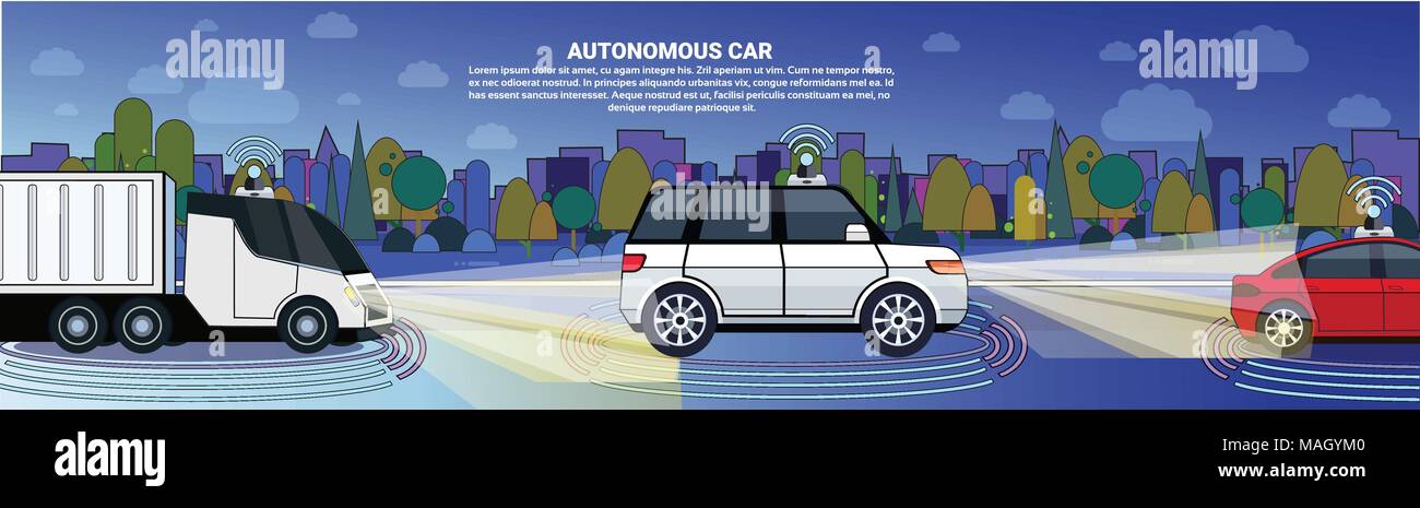 Les voitures autonomes et de camions sur la route de nuit fond bannière horizontale Modèle Illustration de Vecteur