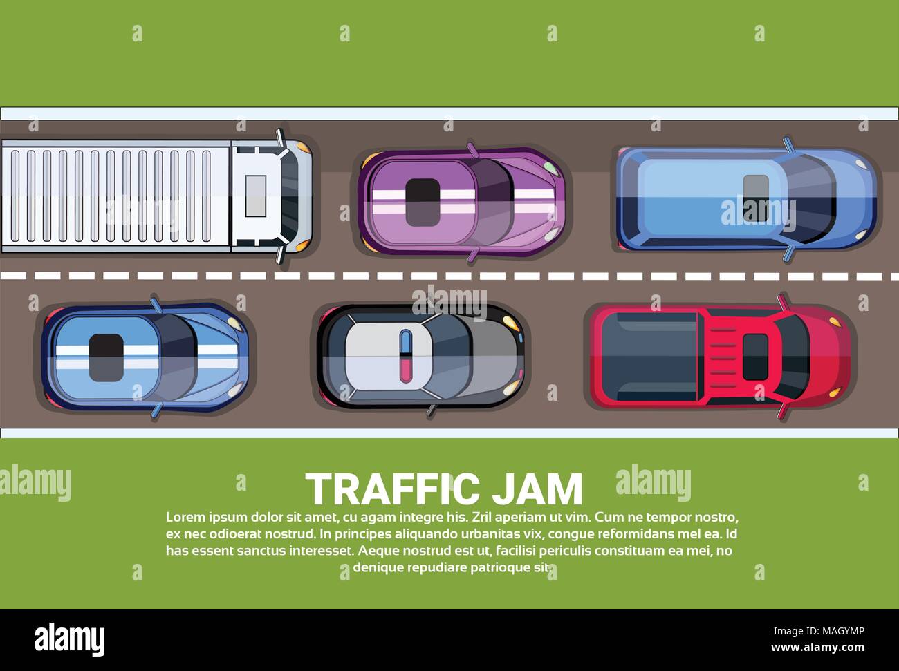 Embouteillage Vue d'en Haut Route ou autoroute pleine de différentes voitures et camions Background With Copy Space Illustration de Vecteur