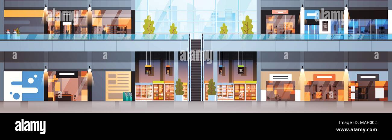 Grand centre commercial intérieur de la bannière horizontale de détail modernes avec aucun peuple Illustration de Vecteur