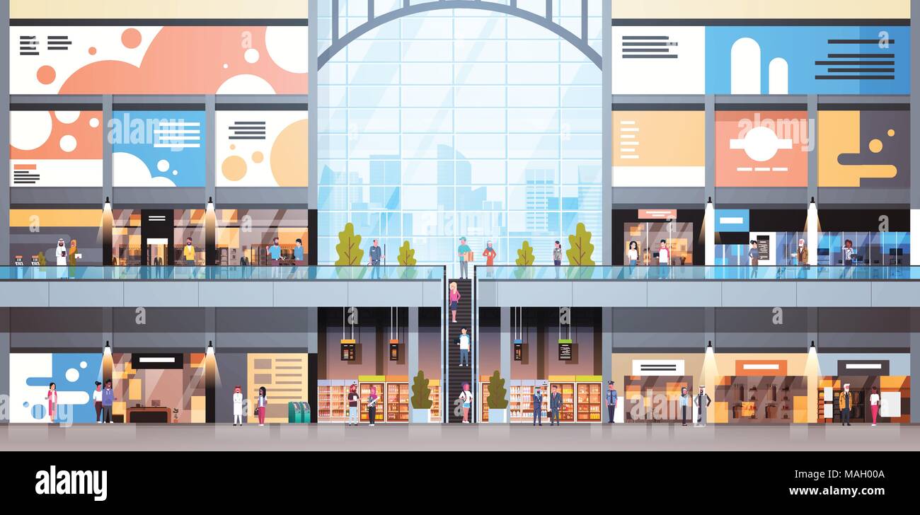 Moderne centre commercial intérieur avec de nombreuses personnes Big Store Illustration de Vecteur