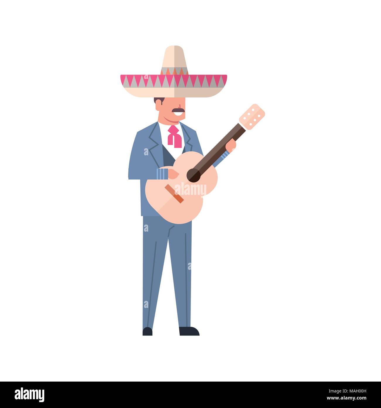 La musique mexicaine avec guitare homme porter le costume traditionnel et Sombrero Hat isolé sur fond blanc Illustration de Vecteur