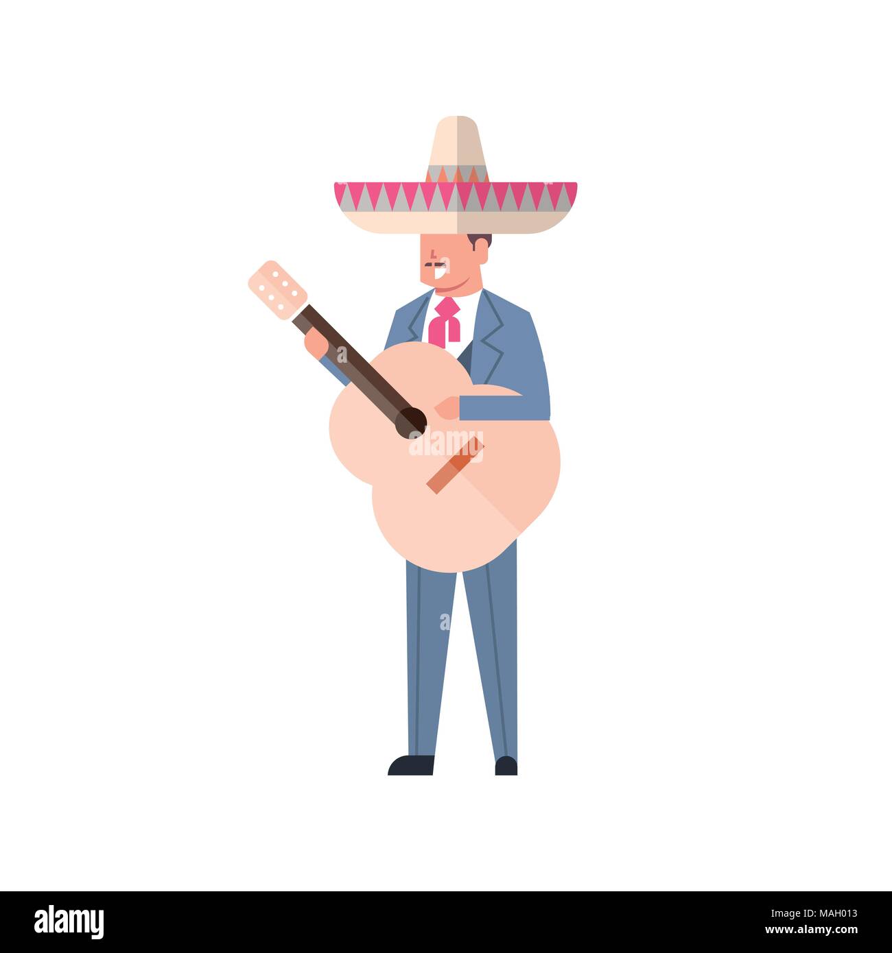 L'homme du Mexique avec guitare en vêtements traditionnels et Sombrero isolé sur fond blanc Illustration de Vecteur