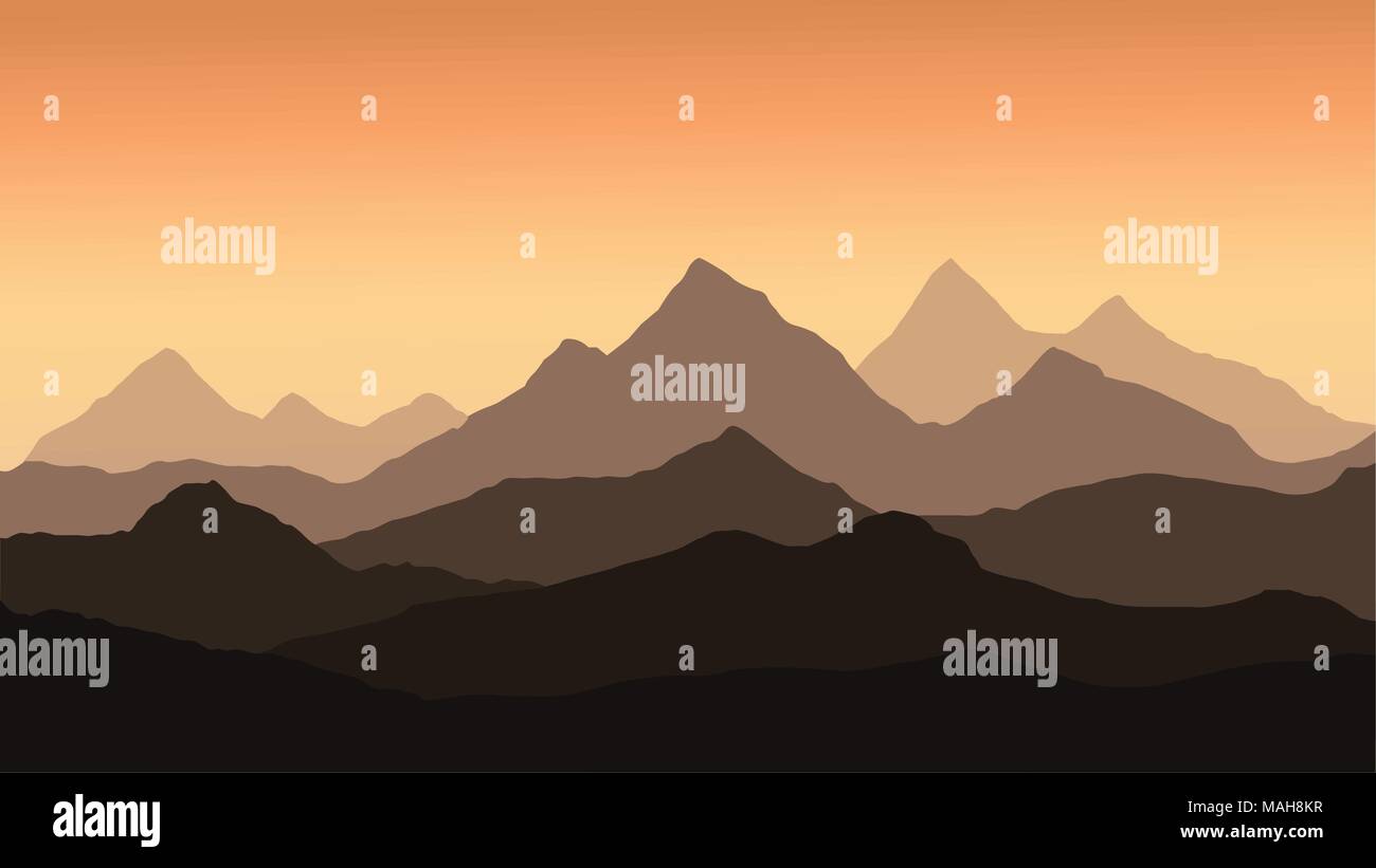 Vue panoramique sur le paysage de montagne avec du brouillard dans la vallée ci-dessous avec l'alpenglow orange ciel et soleil levant - vector Illustration de Vecteur