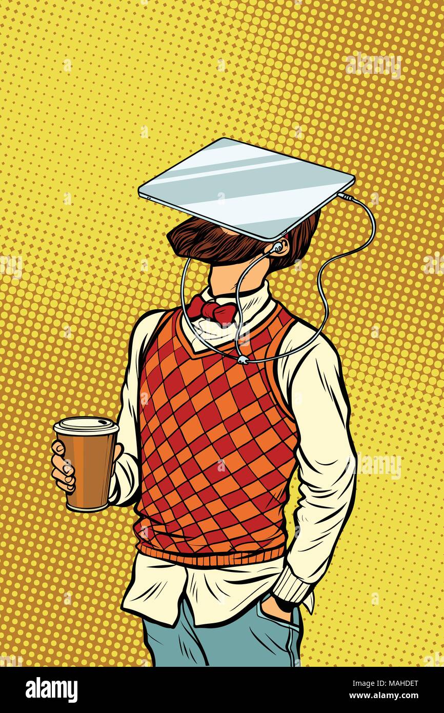 Hipster boit du café et regarde la réalité virtuelle tablette Illustration de Vecteur