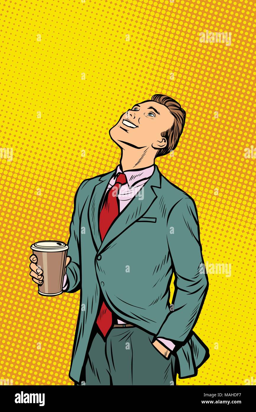 Businessman drinking coffee and looking up Illustration de Vecteur